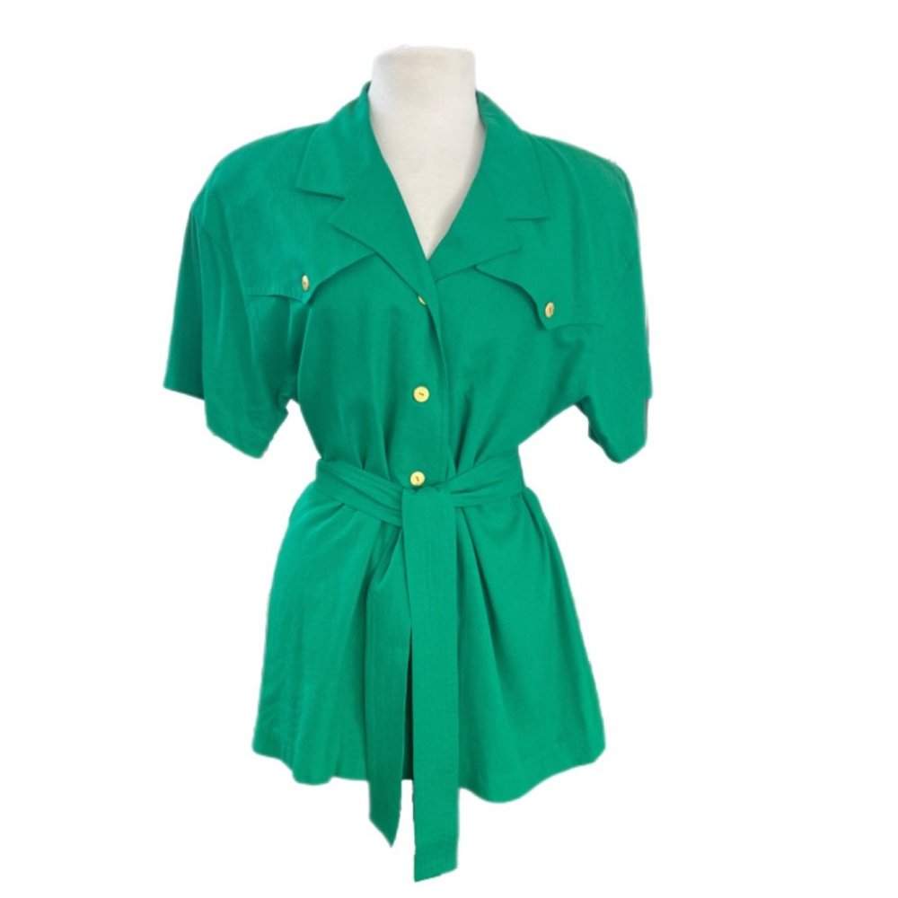 90s Green Liz Claiborne Sport Button Up Belted Top | Size 10